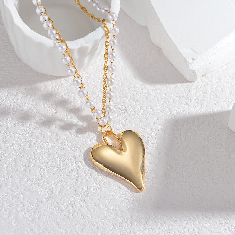 1 Piece Simple Mid-Century Style Heart Shape Stainless Steel 18K Gold Plated Inlay Pearl Women's Pendant Necklace h5 